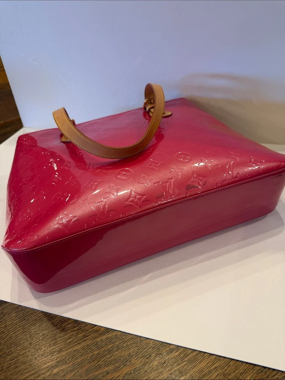 Louis Vuitton Pink Vernis Patent Leather Tote with Tan Straps